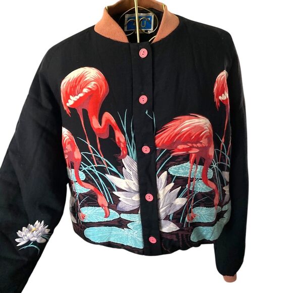 Vtg Black bomber jacket buttons flamingos lily pad flowers printed Size Medium M - Picture 6 of 16